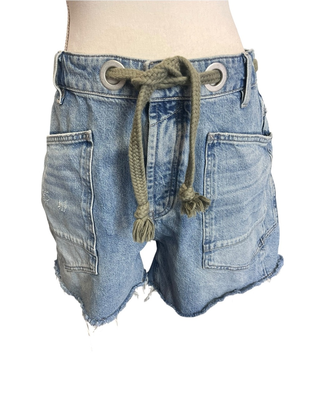 We The Free Light Blue Denim High Waist Shorts with Olive Rope Belt - Picture 2 of 9